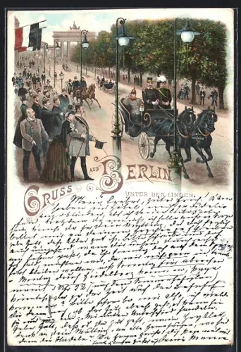 Vorläufer-Lithographie Berlin, 1895, Herr mit Pickelhaube in Pferdekutsche, Unter den Linden