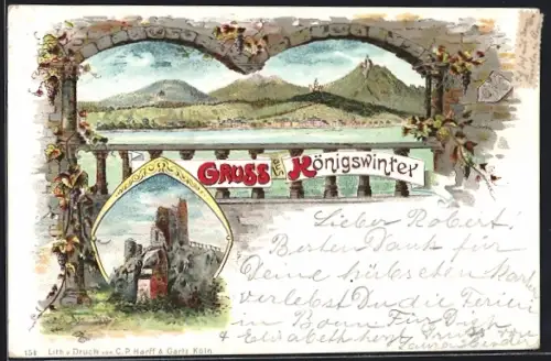 Lithographie Königswinter, Torbogen-Durchblick auf den Ort