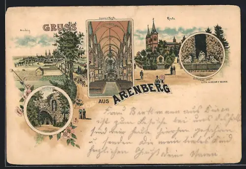 Lithographie Arenberg, Kirche, Ortsansicht