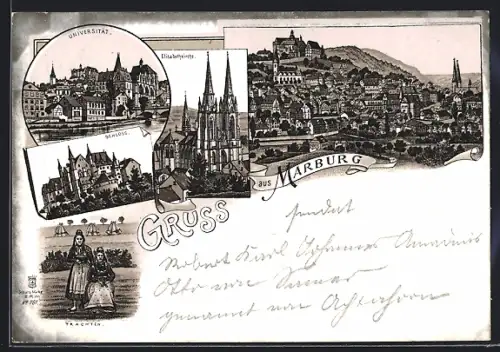 AK Marburg, Partien der Universität, der Elisabethkirche und vom Schloss