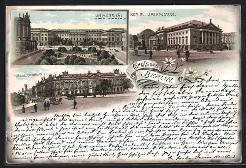 Vorläufer-AK Berlin, 1895, Ortspartien am königl. Opernhaus, der Universität und dem königl. Zeughaus