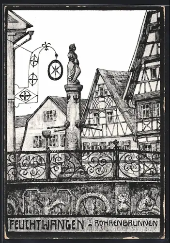 Künstler-AK Feuchtwangen, Röhrenbrunnen und alte Häuser