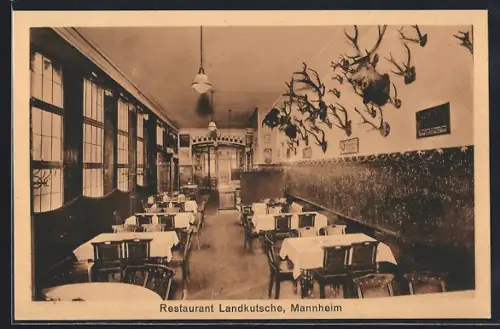 AK Mannheim, Restaurant Landkutsche, Speiseraum mit Geweihen, Bes. Ed Schlipf