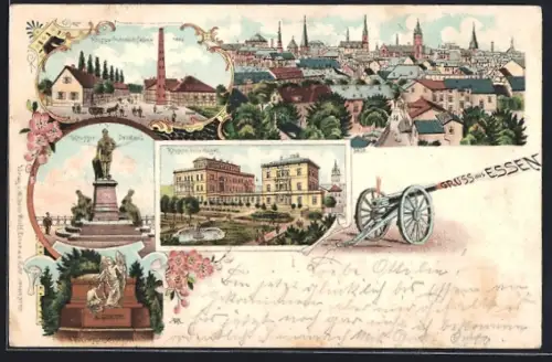 Lithographie Essen, Gesamtansicht, Krupp`s Gussstahlfabrik, Krupps Villa Hügel