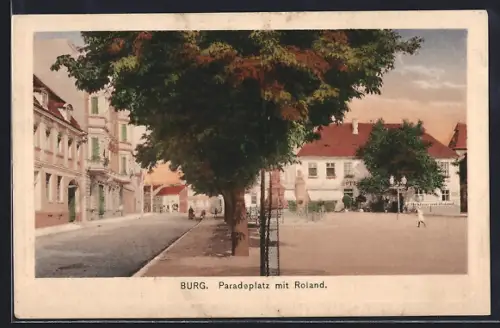 AK Burg / Anhalt, Strasse am Paradeplatz mit Roland