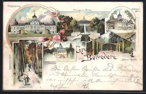 Lithographie Weimar / Thüringen, Schloss Belvedere, Orangerie-Garten, Linden-Allee