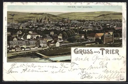 Lithographie Trier, Teilansicht mit Kirche von Westen
