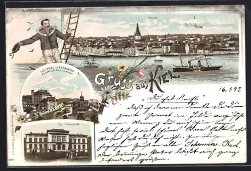 Lithographie Kiel, Totalansicht, Schloss & Seegarten, Universität