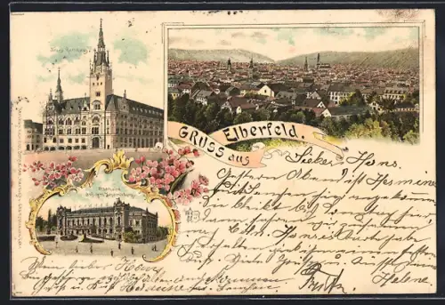 Lithographie Elberfeld, Neues Rathaus, Stadthalle aud dem Johannisberg, Ortsansicht