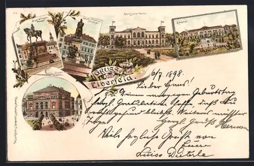 Lithographie Elberfeld, Zoologischer Garten, Kaiser Wilhelm Denkmal und Haardt