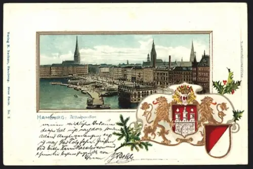 Passepartout-Lithographie Hamburg-Neustadt, Blick auf das Alsterpavillon, goldene Löwen mit Wappen