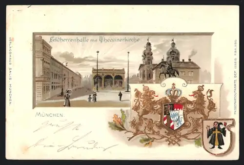Passepartout-Lithographie München, Feldherrenhalle mit Theatinerkirche, Wappen