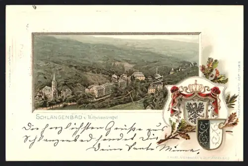 Passepartout-Lithographie Schlangenbad, Ortsansicht vom Wilhelmstempel aus gesehen, Wappen