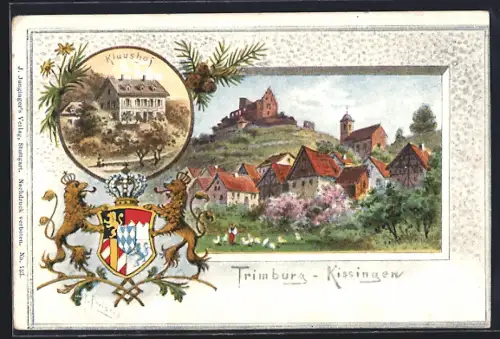Passepartout-Lithographie Trimburg-Kissingen, Gasthof Klaushof, Ortsansicht, Wappen