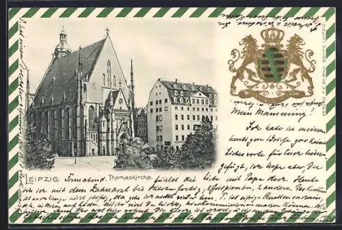 Passepartout-Lithographie Leipzig, Thomaskirche, Wappen
