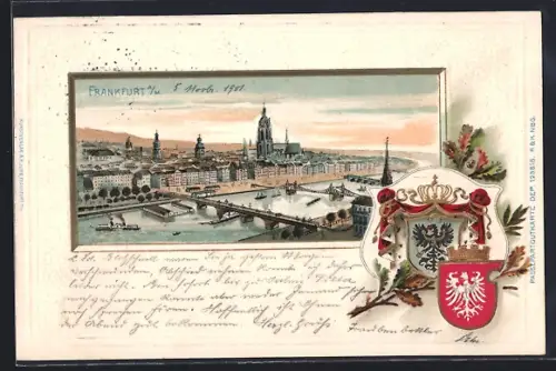 Passepartout-Lithographie Frankfurt /Main, Panorama mit den Mainbrücken, Wappen