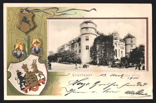 Passepartout-Lithographie Stuttgart, Altes Schloss, Wappen
