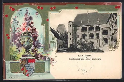 Passepartout-Lithographie Landshut, Schlosshof auf Burg Trausnitz, Wappen