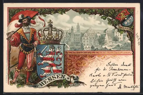Passepartout-Lithographie Darmstadt, Ortsansicht aus der Vogelschau, Wappen des Landes Hessen