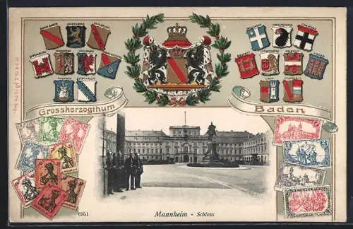 AK Mannheim /Baden, Schloss, Wappen von Villingen, Eppingen u. Offenburg, Briefmarken