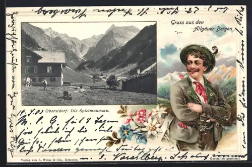 Passepartout-Lithographie Oberstdorf, Die Spielmannsau, Mann in Tracht