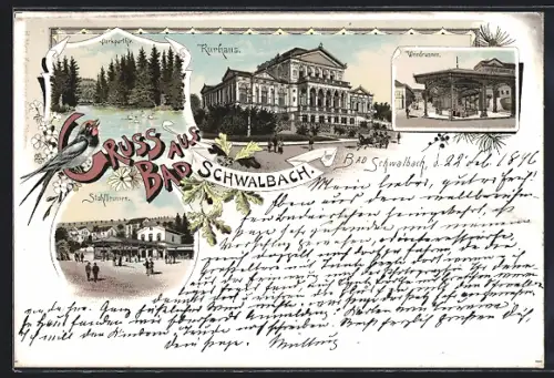 Lithographie Bad Schwalbach, Kurhaus, Weinbrunnen, Stahlbrunnen