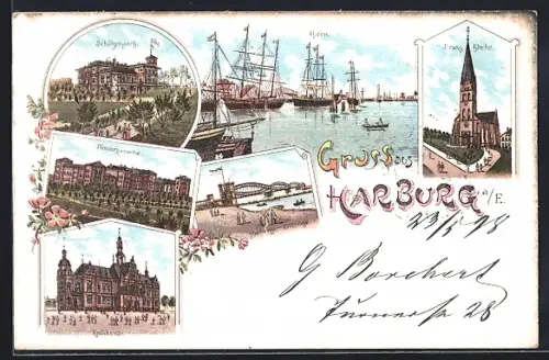 Lithographie Hamburg-Harburg, Hafe, Schützenpark, Pionierkaserne, Elbbrücke, Evang. Kirche