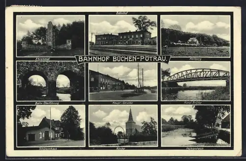 AK Büchen-Pötrau, Bahnhof, Schützenhaus, Haupt-Strasse, Ehrenmal