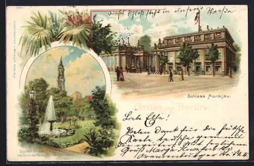 Lithographie Berlin, Schloss Monbijou, Oranienburger Strasse, Sophienkirche