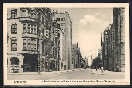 AK Düsseldorf, Ludendorfstrasse mit Verwaltungsgebäude des Stumm-Konzerns