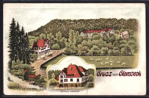 Künstler-AK Glemseck, Kurhaus Glemseck mit weidendem Vieh