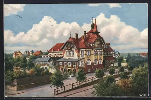 Künstler-AK Jössnitz, Bahnhofshotel, Bes. W. Weichselbaum
