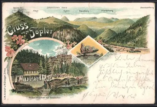 Lithographie Oybin, Bergwirthschaft mit Felsenthor, Brütende Henne