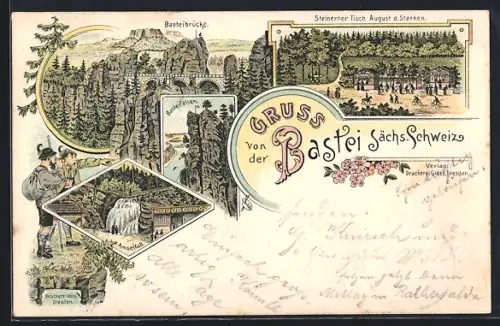 Lithographie Bastei /Sächs. Schweiz, Basteibrücke, Basteifelsen, Steinerner Tisch August d. Starken