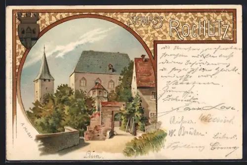 Lithographie Rochlitz, Teilansicht mit Schloss