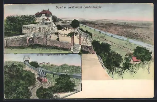 Künstler-AK Dresden-Loschwitz, Hotel und Restaurant Loschwitzhöhe, Bergschwebebahn