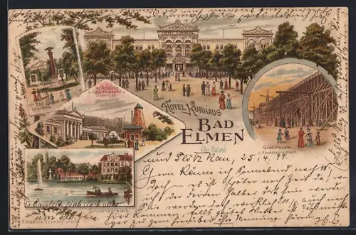 Lithographie Gr. Salze, Hotel Kurhaus Bad Elmen mit Gradierwerk und Kinderspielplatz, Erlenbad