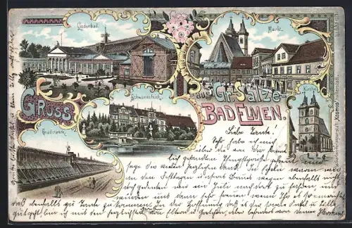 Lithographie Bad Elmen, Lindenbad, Markt, Schwanenteich, Kirche