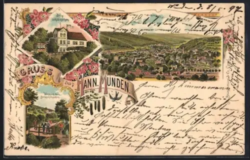 Lithographie Hann. Münden, Gesamtansicht und Hotel Bergschlösschen