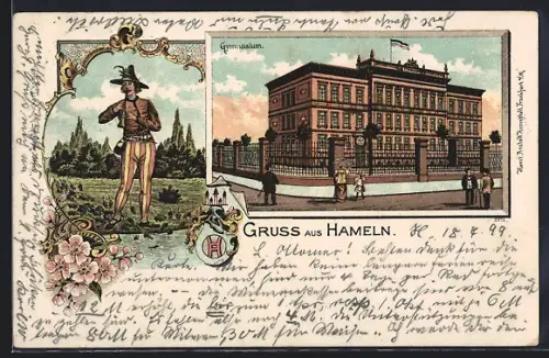 Lithographie Hameln, Gymnasium, Rattenfänger