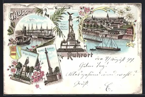 Lithographie Ruhrort, Hafen, Kaiser Wilhelm Denkmal, Krieger-Denkmal, Vincke-Denkmal, Ortsansicht