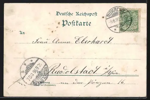 Lithographie Ruhrort, Hafen, Kaiser Wilhelm Denkmal, Krieger-Denkmal, Vincke-Denkmal, Ortsansicht