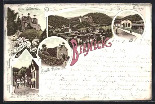 Lithographie Bad Berneck, Gasthof Stadt Bayreuth, Kapelle Wallenrode, Kurhaus, Ortsansicht