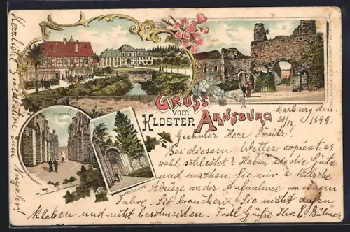 Lithographie Arnsburg / Lich, Blick auf das Kloster, Inneres, Seitenschiff