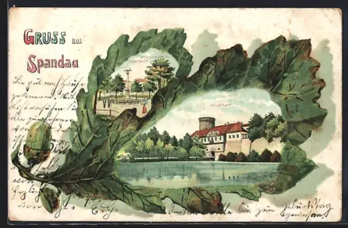 Passepartout-Lithographie Berlin-Spandau, Plantagenplatz m. Kriegerdenkmal, Juliusturm, Eichenblatt