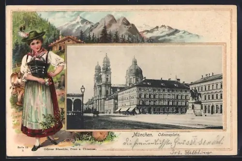 Passepartout-Lithographie München, Odeonsplatz, Frau in Tracht