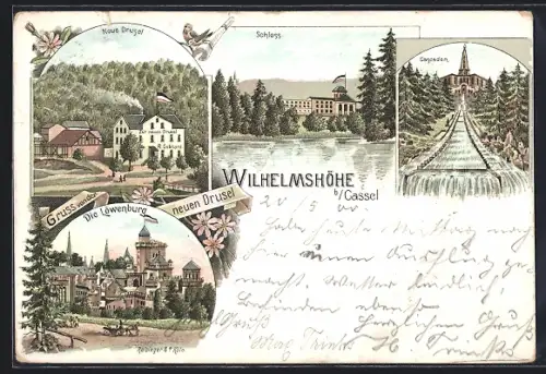 Lithographie Kassel-Wilhelmshöhe, Gasthaus zur neuen Drusel, Löwenburg, Schloss