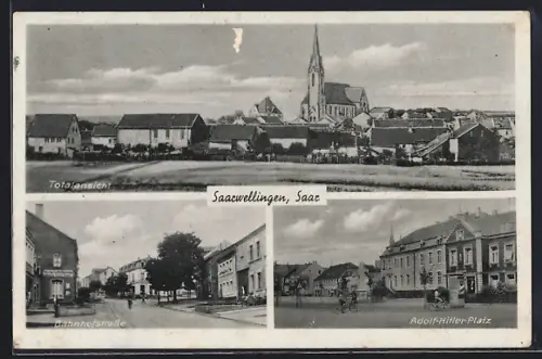 AK Saarwellingen, Bahnhofstrasse, Fahrradfahrer auf dem Platz, Gesamtansicht