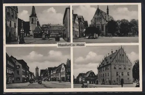 AK Hassfurt, Stadtpartien mit Denkmal und Kirchen