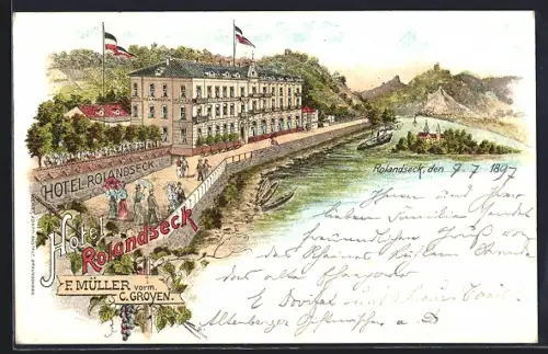 Lithographie Rolandseck, Hotel Rolandseck, Bes. F. Müller